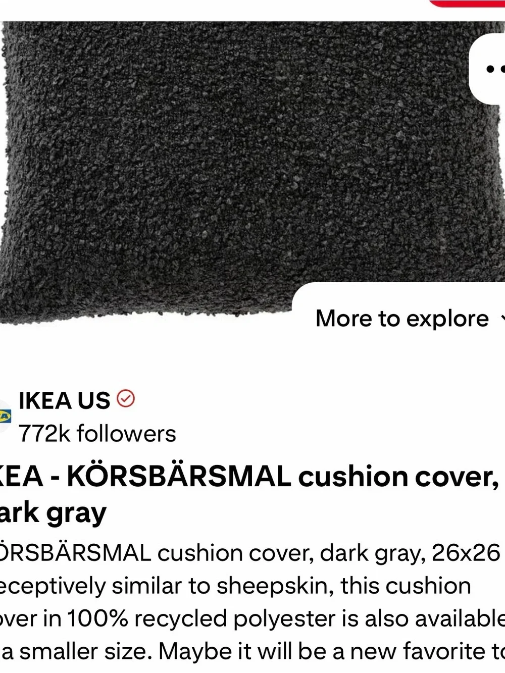 IKEA dark gray bouclé cushion cover 26x26